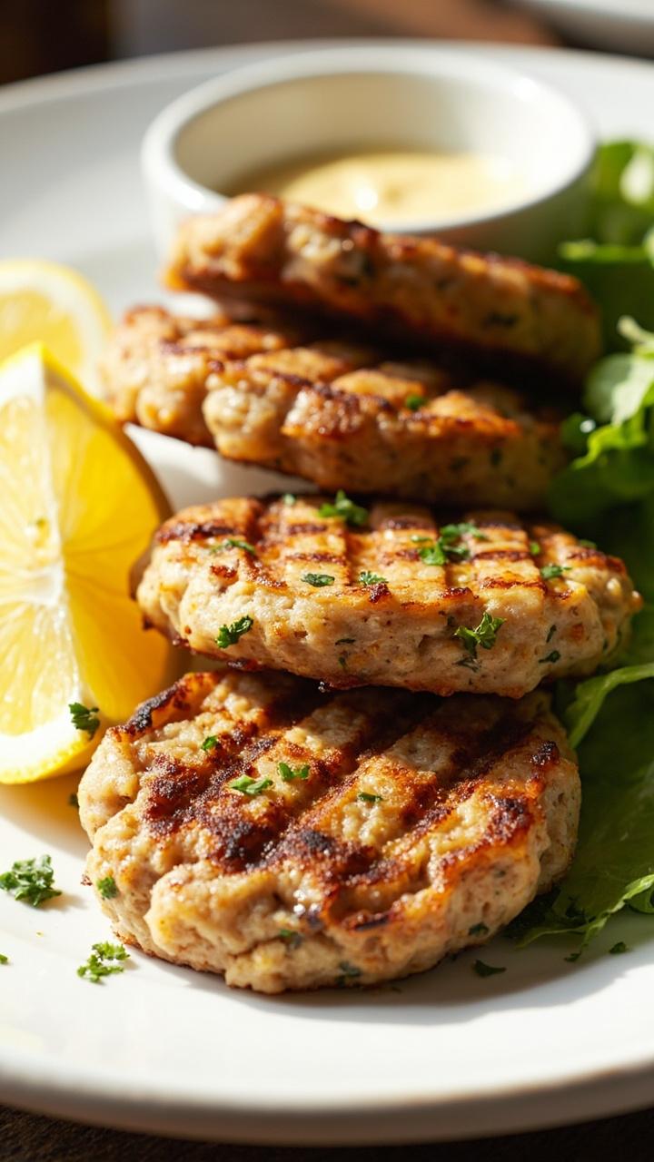 Four golden-brown tuna patties resting on a white ceramic plate, garnished with fresh parsley and bright lemon wedges. The patties look crisp around the edges, their rustic texture visible. A small bowl of creamy dipping sauce sits to the side, and a simple green salad completes the scene.