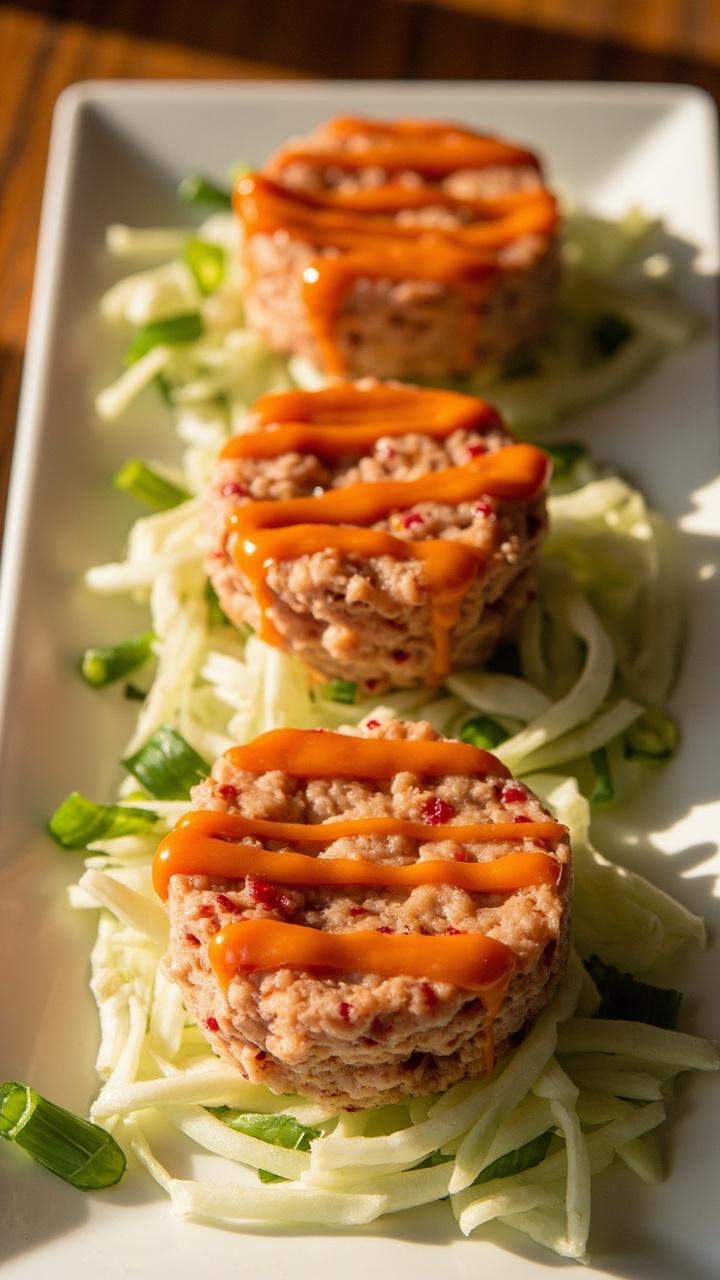 Three spicy tuna patties stacked on a rectangular platter, dotted with visible flecks of red chili, drizzled lightly with sriracha-mayo. A pile of crisp cucumber ribbons sits next to the patties, and everything is sprinkled with green onion.