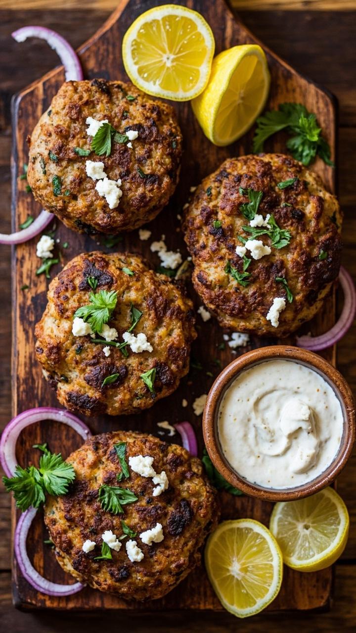 Four round patties studded with crumbled feta and flecks of green herbs, arranged on a rustic wooden board. Slices of red onion and a bowl of tzatziki sauce stand nearby, with lemon halves as garnish.