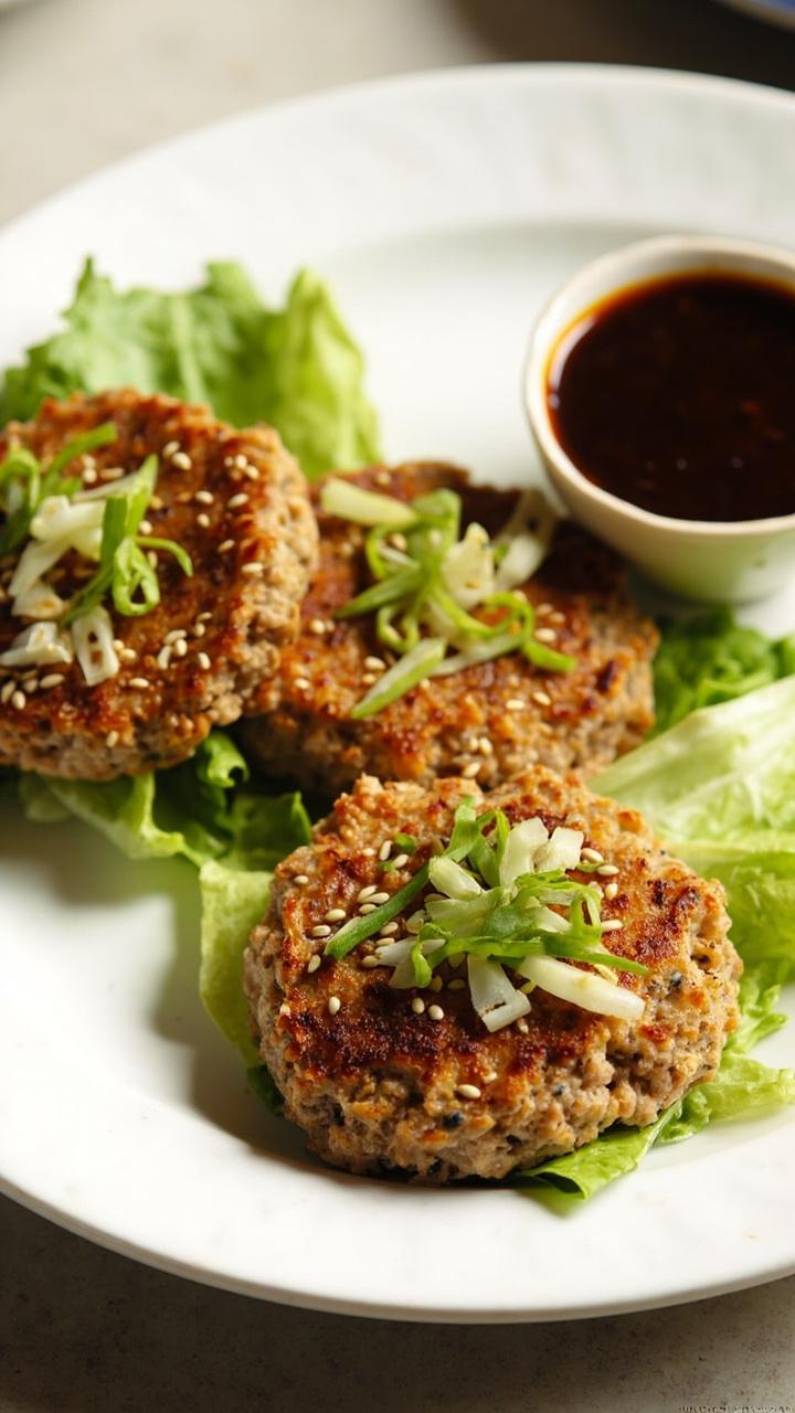 Three round tuna patties with a visibly crisp, golden exterior, sprinkled with sesame seeds and sliced green onions. The patties sit neatly on a white plate lined with tender lettuce leaves, with a small bowl of soy dipping sauce on the side.