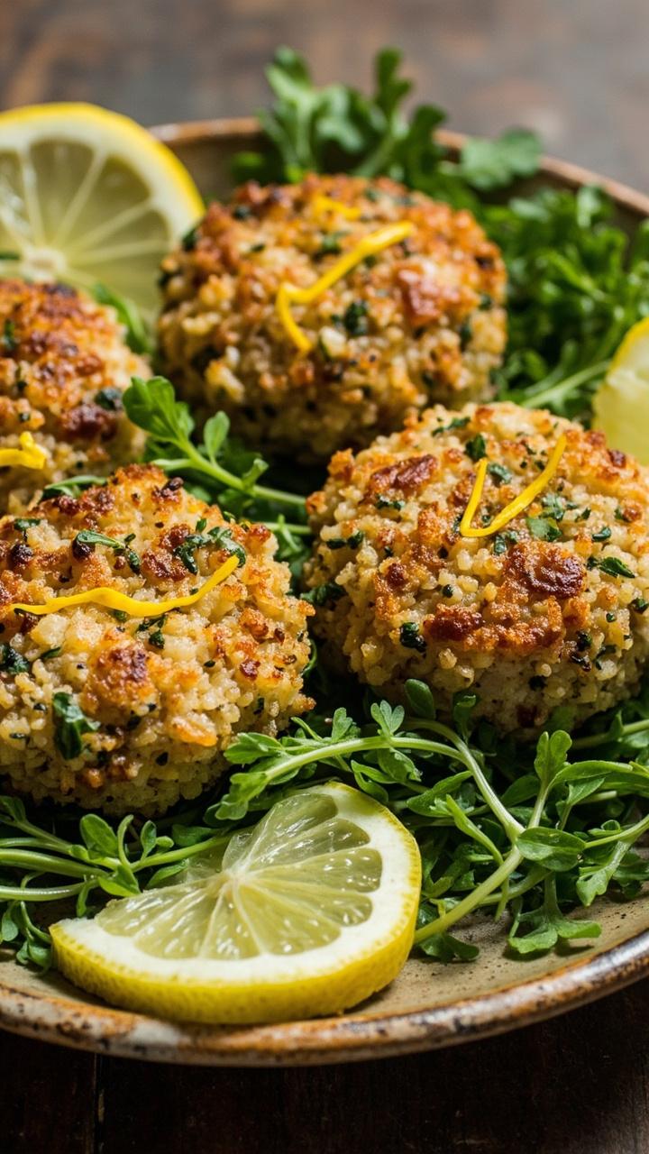 Four small, thick tuna cakes coated in golden panko, flecked with green herbs and fine lemon zest. The cakes rest in a circle on a stoneware plate, surrounded by microgreens and lemon slices.