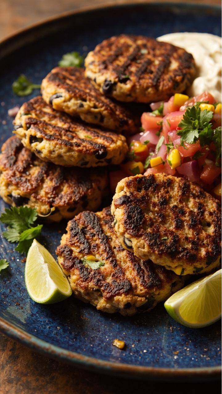 Five rustic, slightly chunky patties showing bits of black beans and corn, arranged on a dark blue plate with a scoop of chunky salsa on the side. Lime wedges add color, and a light drizzle of crema finishes the look.