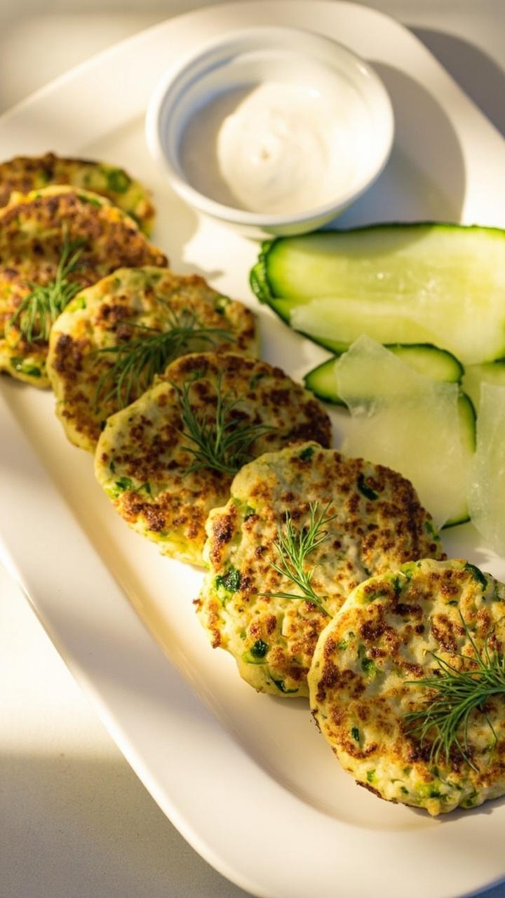 Five lightly browned, flat patties with visible green flecks of zucchini, on a white dinner plate. They’re garnished with fresh dill and accompanied by a small bowl of yogurt dip. Thin cucumber slices fan out along one side.