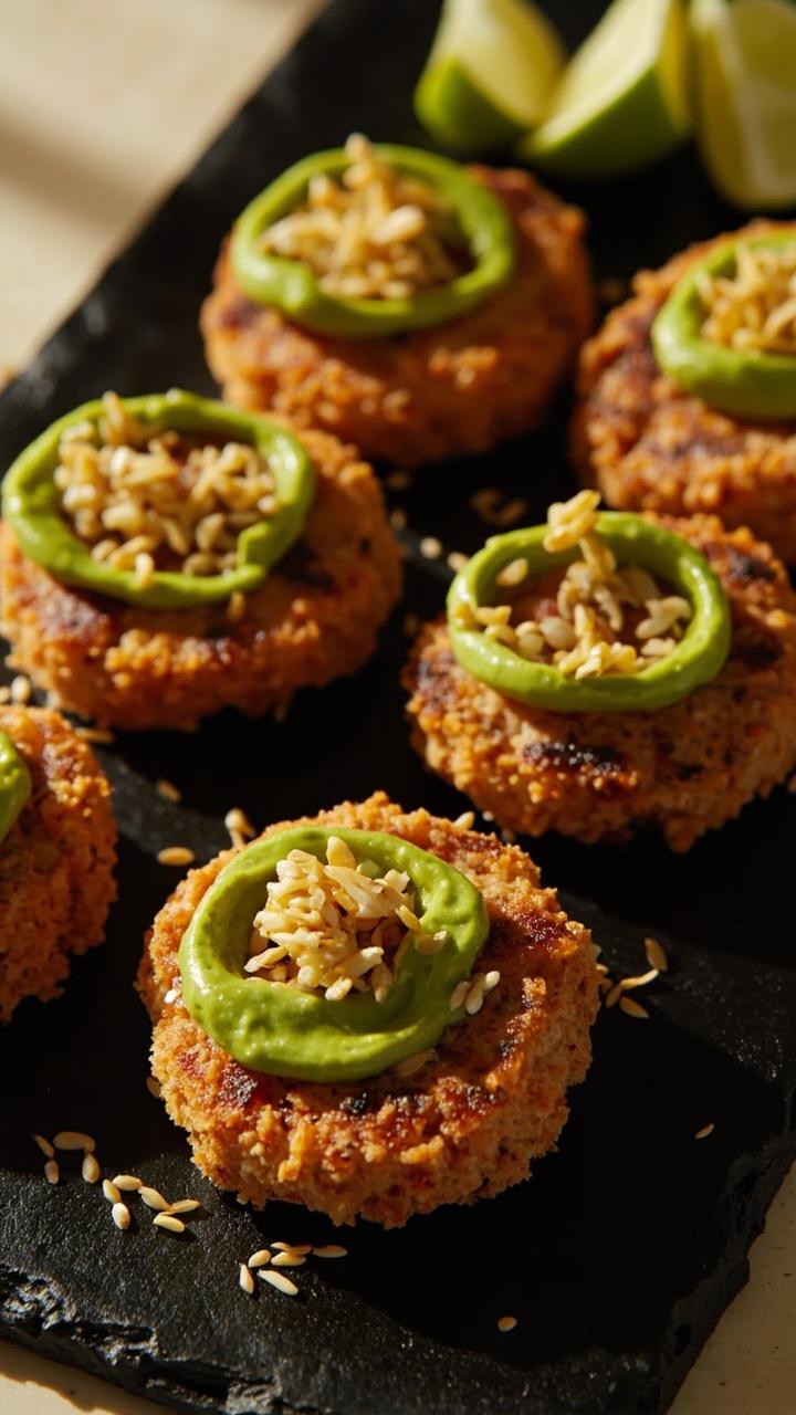 Four round, thick tuna patties coated in golden, crispy panko, arranged in a circle on a black slate platter. Each patty is topped with a small swirl of green wasabi aioli and garnished with a sprinkle of sesame seeds. A wedge of lime sits on the side.