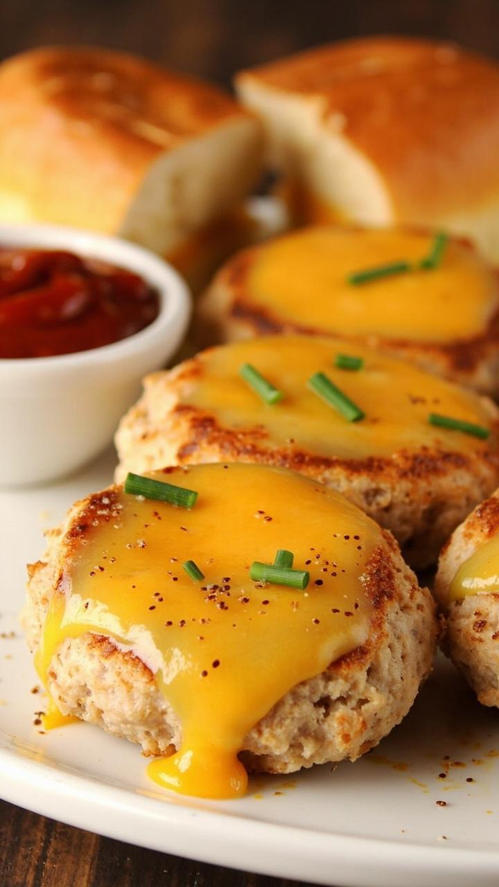Four tuna patties with a visible layer of melted cheddar at the center, set on a large round plate with toasted split buns in the background. There’s a scatter of chives on top and a small dish of ketchup to the side.