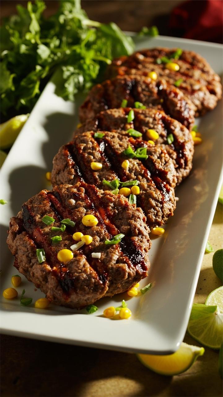 Five patties flecked with yellow corn and green scallions, arranged on a simple white platter with a neat pile of crisp greens on the side. Small lime wedges are scattered around for brightness.