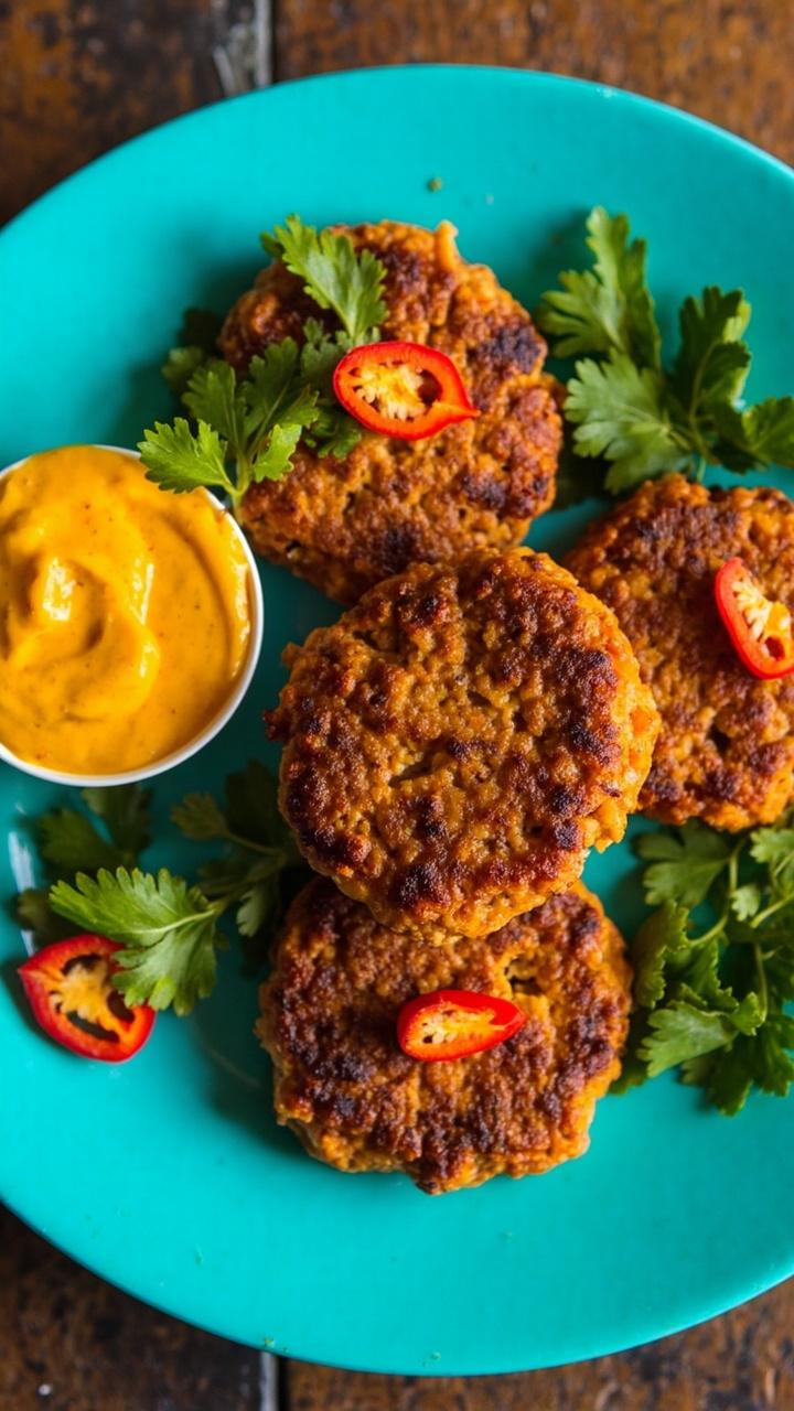 Four patties tinged orange from sweet potato, arranged on a turquoise plate with a small bowl of mango chutney for dipping. Cilantro leaves decorate the top, and sliced red chili adds a pop of color.