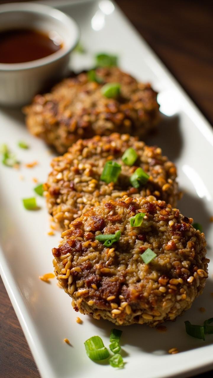 Four round, sesame-encrusted patties on a rectangular white plate. The seeds are deeply golden and a sprinkle of chopped scallions adds color. A small bowl of soy-sesame dip sits on one corner.