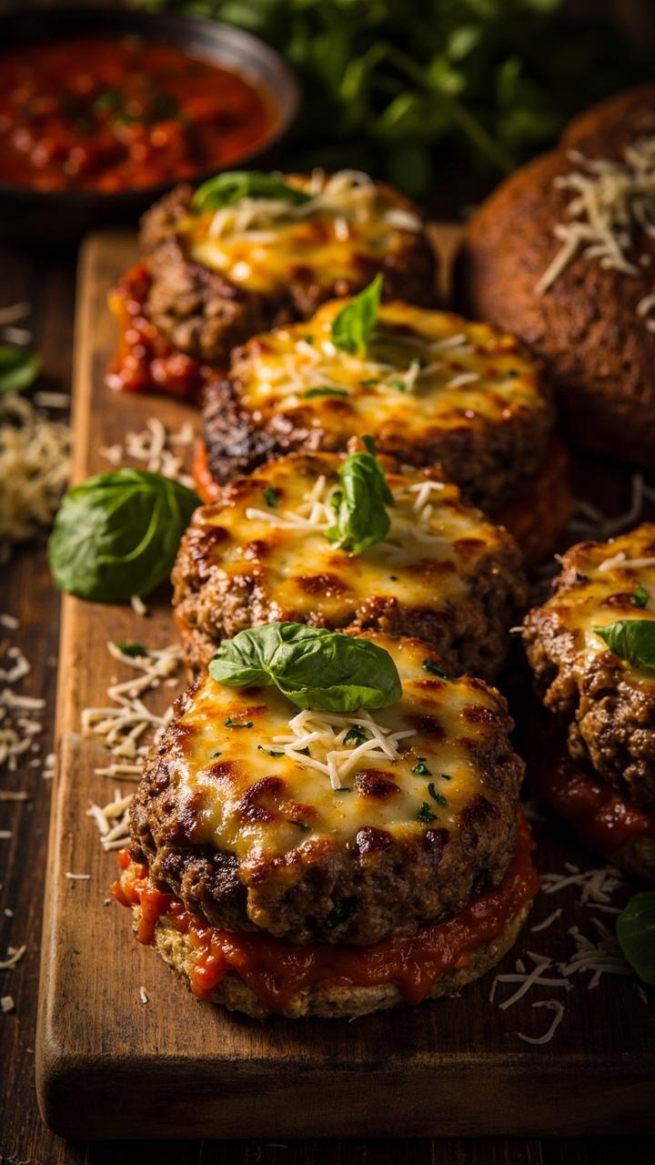 Four round patties with a golden cheese crust, flecked with green herbs, arranged on a serving board alongside a small bowl of warm marinara sauce. A few fresh basil leaves and extra grated parmesan are scattered on top.