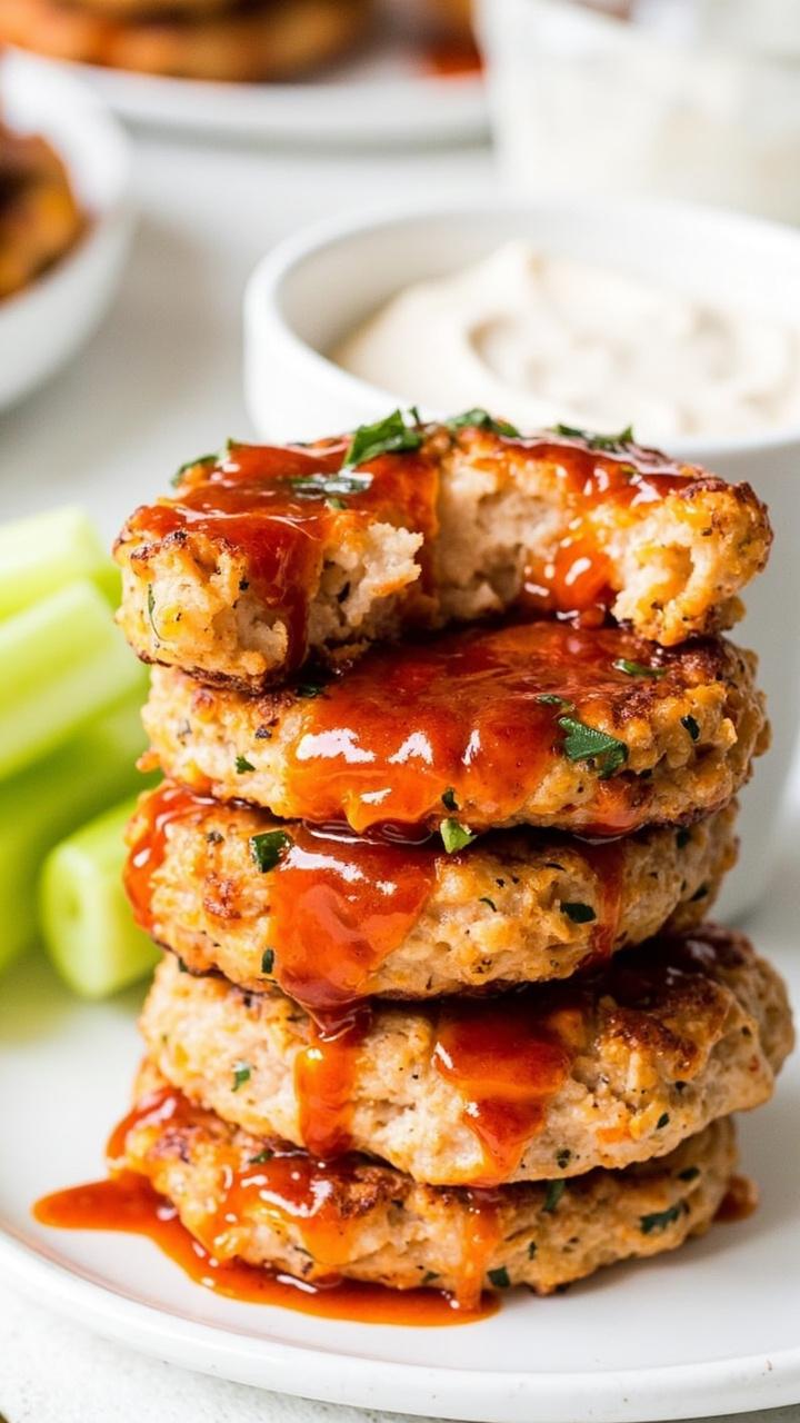 Four slightly flattened, deep orange tuna patties flecked with herbs stacked on a round white plate, each one generously drizzled with buffalo sauce. A ramekin of creamy ranch dip and a few celery sticks complete the setup.