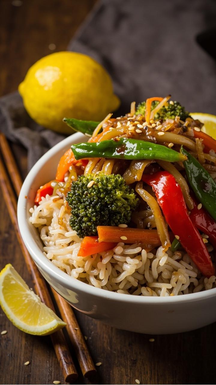 A broad white bowl filled with steaming brown rice, piled with crisp stir-fried broccoli, red bell pepper, carrots, and snap peas, the veggies glistening with a soy-based sauce and finished with a sprinkle of sesame seeds. A pair of chopsticks rests on the side and a lemon wedge is nearby.