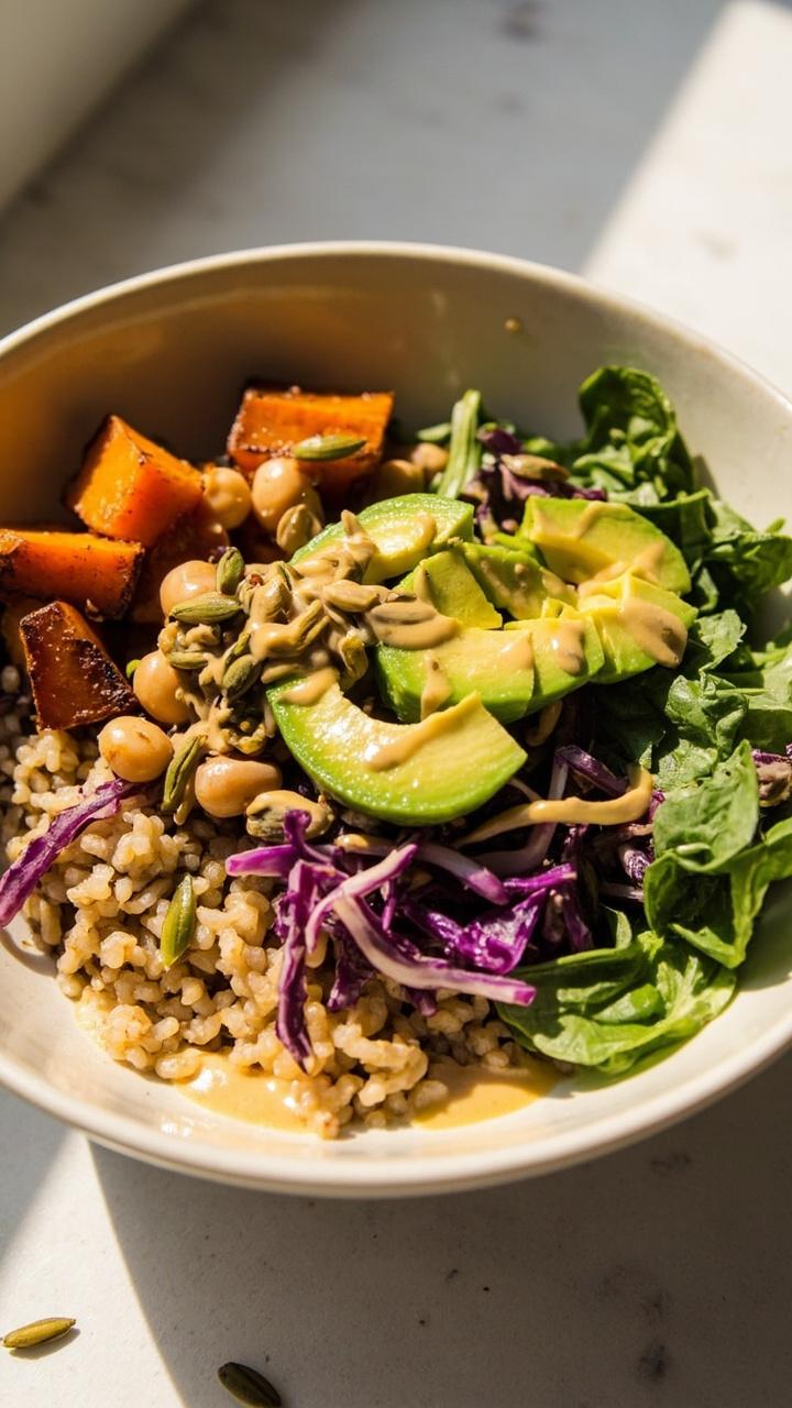 A shallow ceramic bowl layered with a scoop of brown rice, sliced avocado, roasted sweet potatoes, chickpeas, shredded purple cabbage, and baby spinach. Everything is drizzled with a tangy tahini dressing and topped with pumpkin seeds.