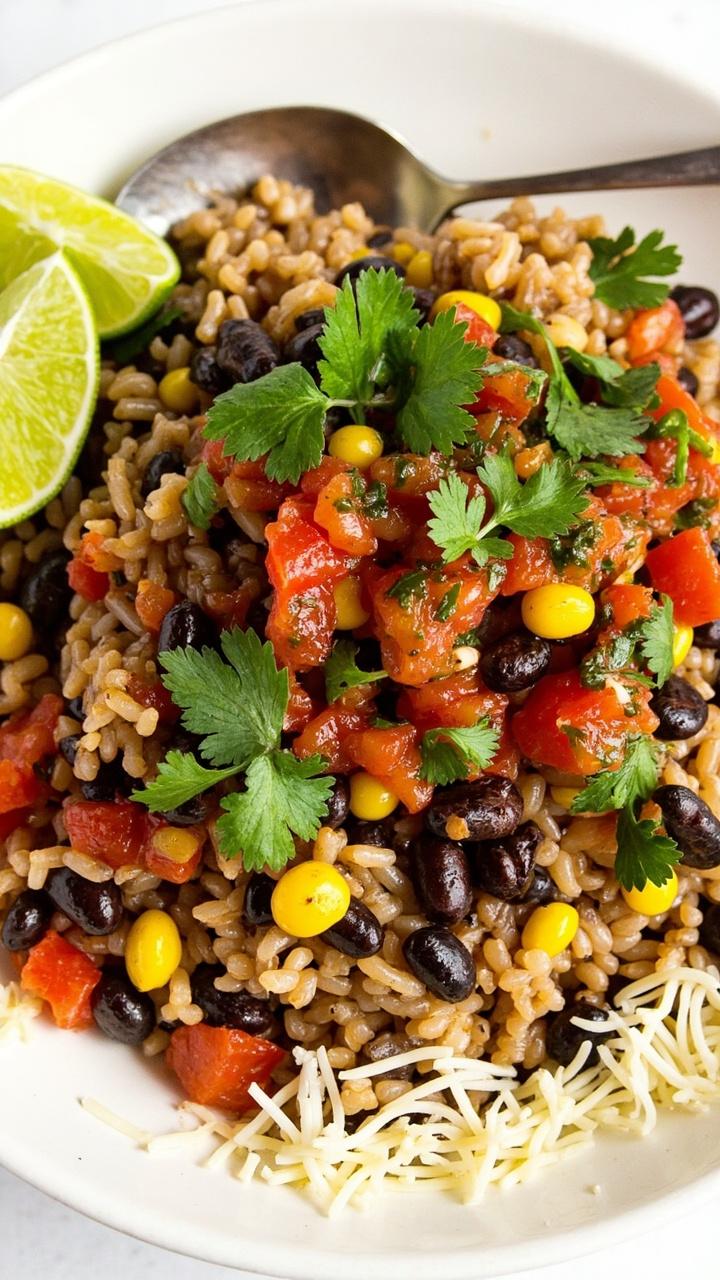 A big white bowl of fluffy brown rice topped with black beans, charred corn, diced tomatoes, chopped cilantro, and spoonfuls of chunky salsa. Lime wedges sit on the rim, and grated cheese is sprinkled over the top.
