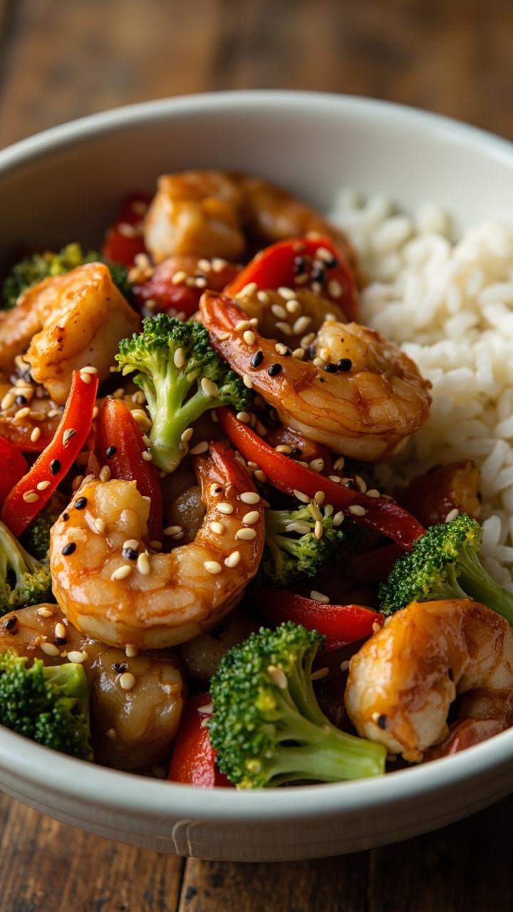 A white, wide-rimmed bowl filled with juicy shrimp tossed with bright green broccoli florets, sliced red peppers, and a glossy brown chili sauce. A scattering of sesame seeds sits on top, and white rice is visible on the side.