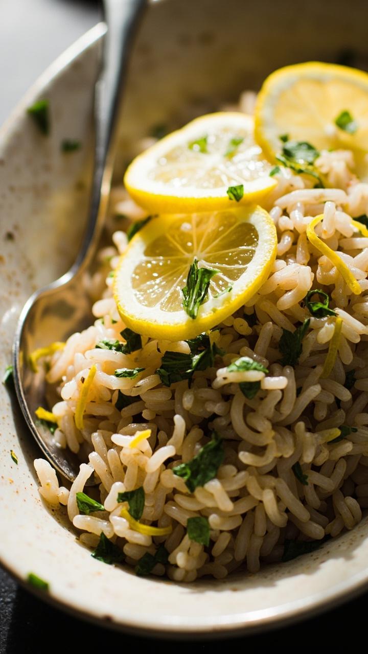 A shallow oval serving dish of fluffy brown rice, flecked with chopped parsley, dill, and lemon zest, garnished with thin lemon slices. The rice looks light and airy, dotted with green herbs and served with a metal spoon.