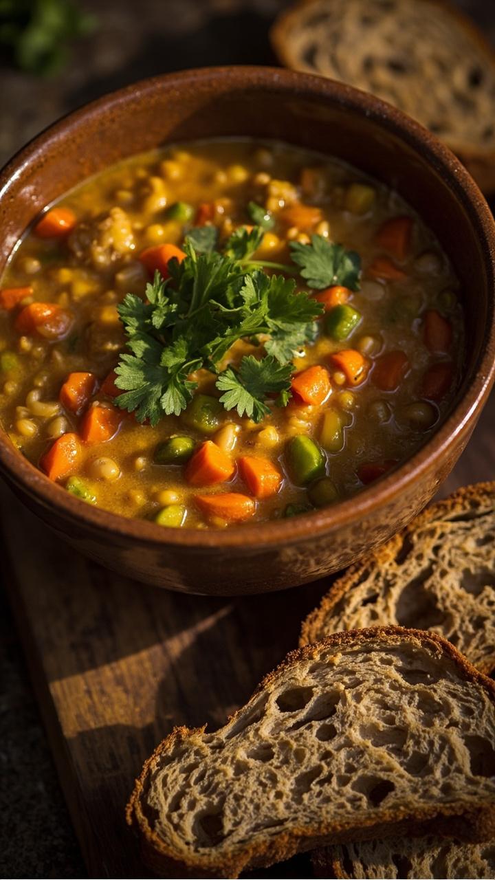 A rustic ceramic bowl filled with golden-brown lentil and rice soup, dotted with bright orange carrots and bits of celery, garnished with chopped fresh parsley. Slices of crusty whole grain bread sit alongside on a wooden board.