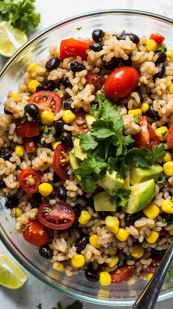 A large glass bowl filled with brown rice, cherry tomatoes, black beans, grilled corn, diced avocado, and chopped cilantro, all tossed together and glistening with a tangy vinaigrette. Lime wedges and a serving spoon are on the side.