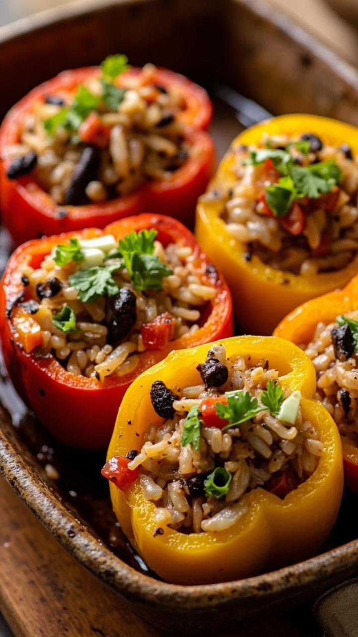 Four halved bell peppers, red and yellow, overstuffed with brown rice mixed with sautéed onion, tomato, black beans, and herbs, baked until the tops are golden. The peppers are nestled upright in a baking dish, with fresh parsley sprinkled on top.