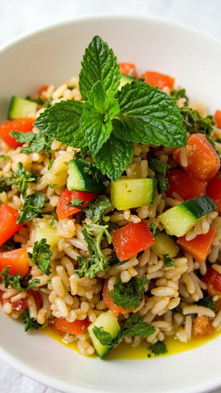 A shallow white salad bowl with a colorful mix of brown rice, finely chopped parsley and mint, diced tomatoes, cucumbers, and a lemony dressing, with a few fresh mint leaves on top.