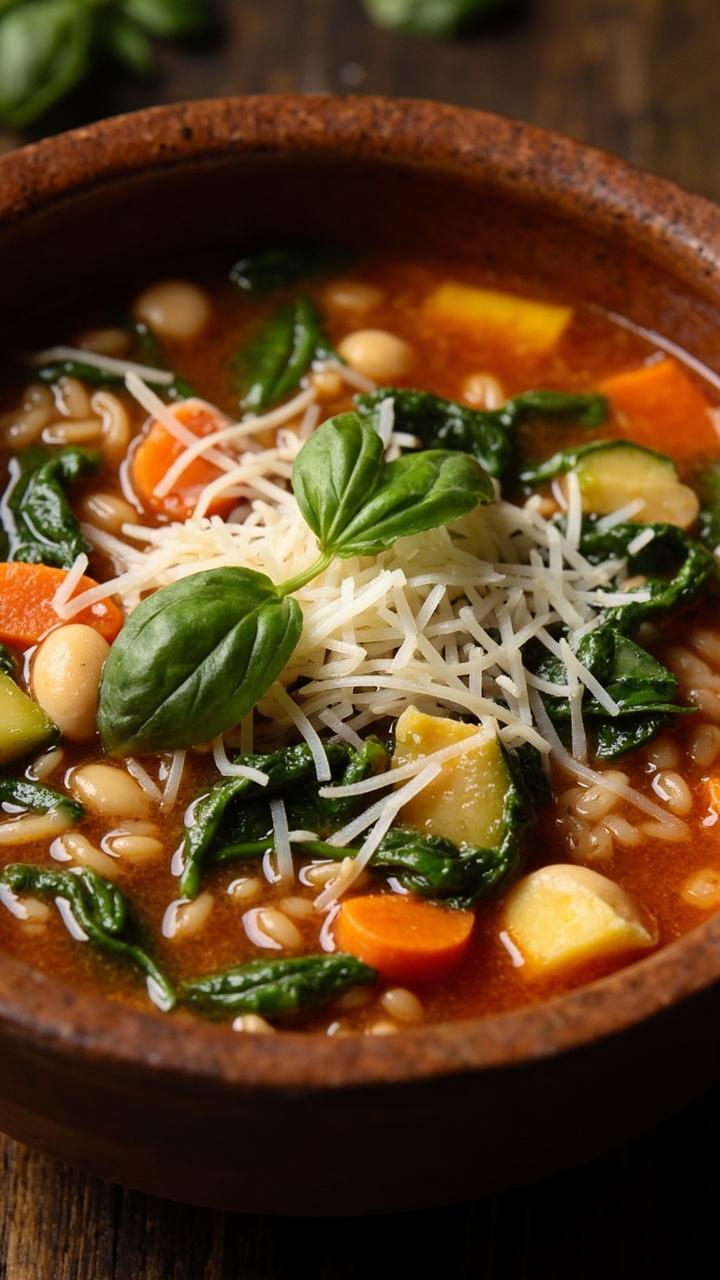 A deep soup bowl filled with chunky vegetable-packed soup: brown rice, white beans, carrots, zucchini, spinach leaves, and tomato broth. A sprinkle of grated parmesan and basil leaves sit on top.