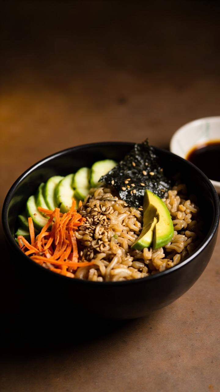 A neat black bowl with a base of brown rice, topped with sliced cucumber, shredded carrots, sliced avocado, nori strips, and a sprinkle of sesame seeds. A small dipping dish of soy sauce on the side.