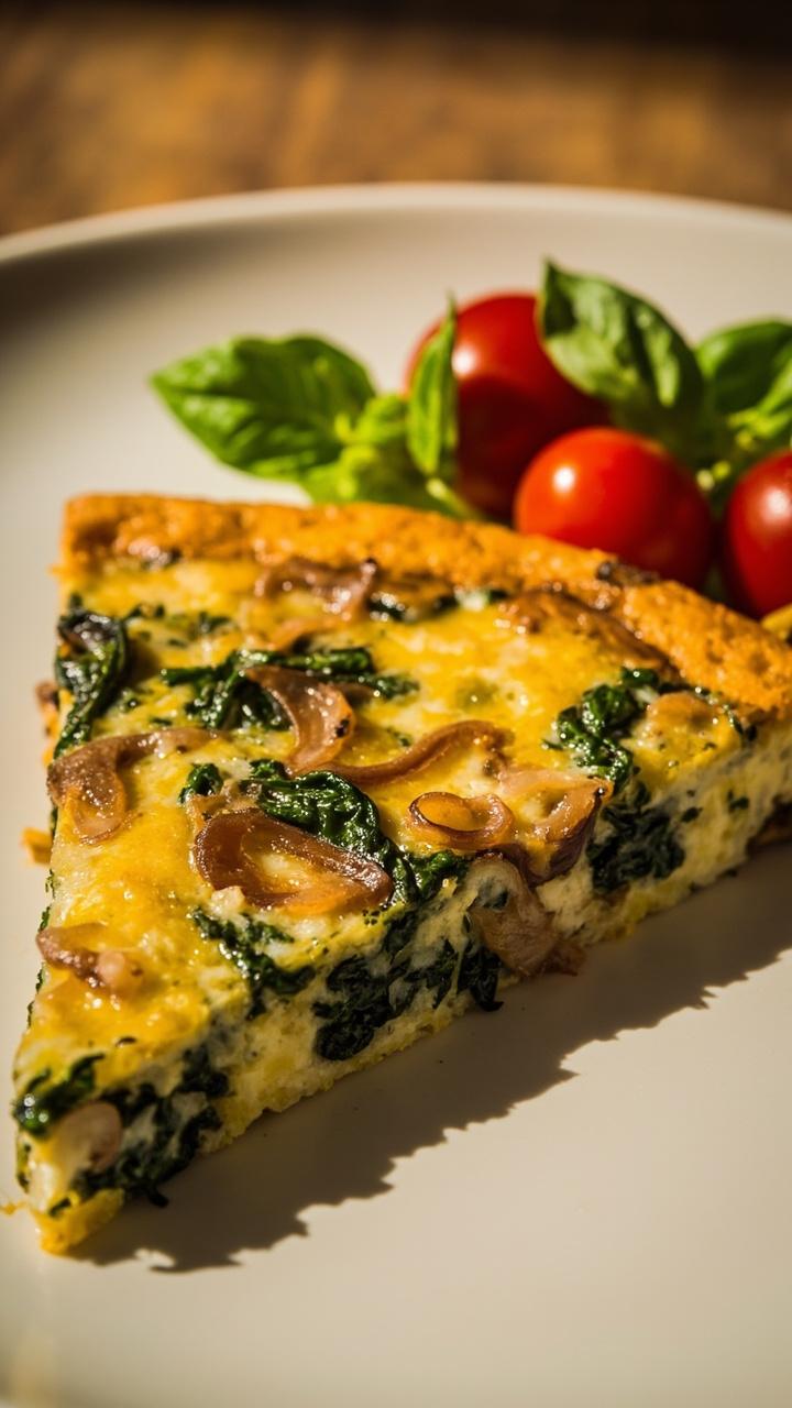 A wedge of golden-brown frittata studded with brown rice, sautéed spinach, onions, and flecks of cheese, served on a white plate with a few cherry tomatoes and fresh basil leaves on the side.