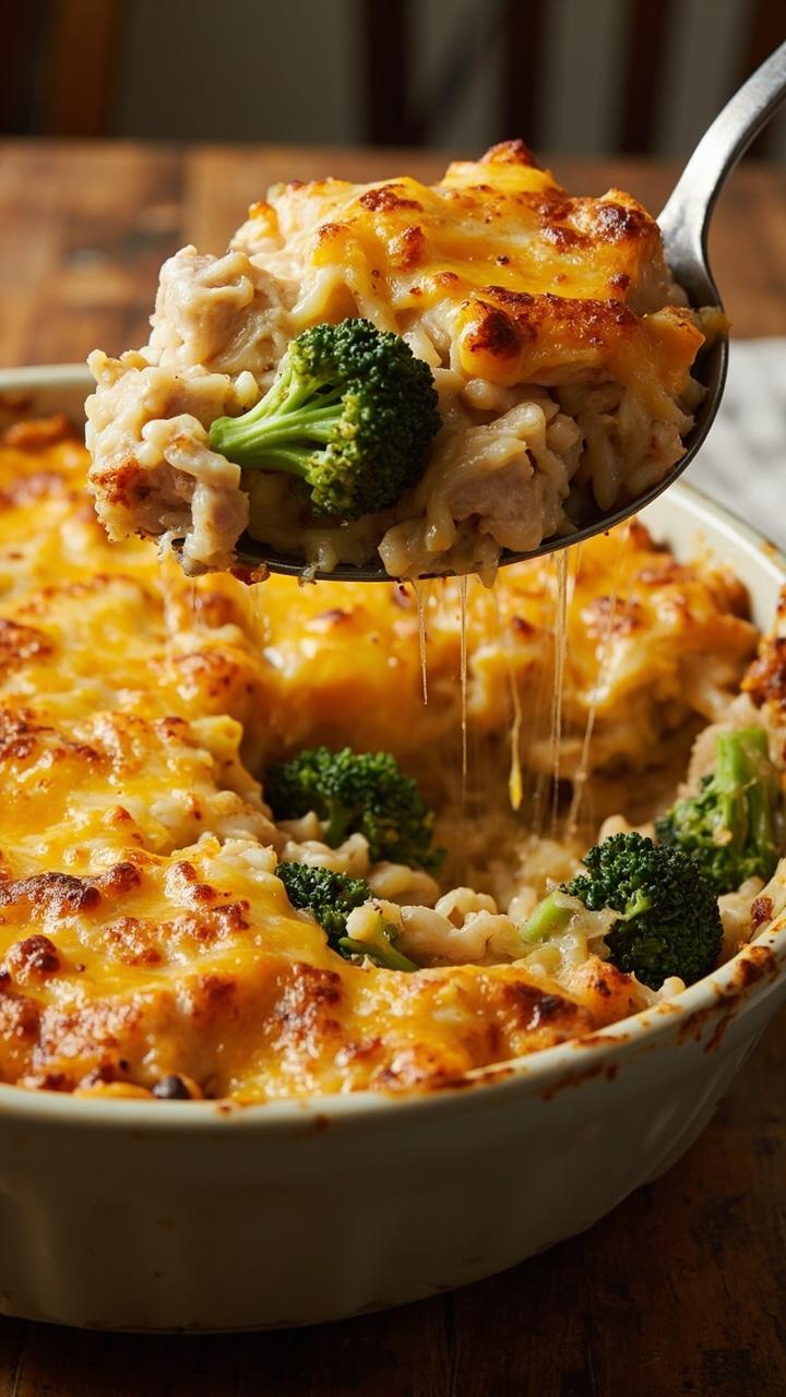 A casserole dish of creamy brown rice, chunks of tender chicken breast, bright green steamed broccoli, and a bubbly golden cheese top. A serving spoon scoops out a hearty portion.