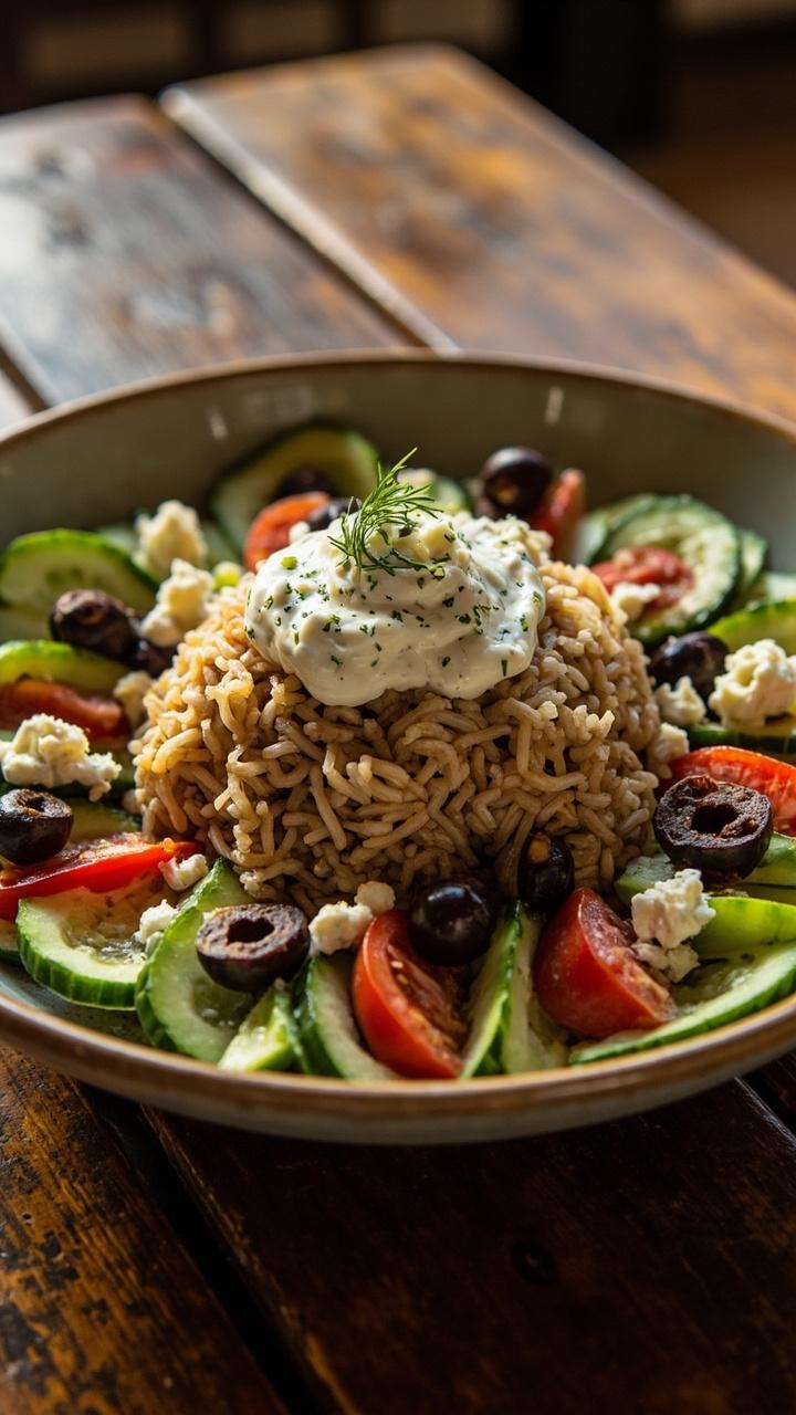 A wide bowl with a scoop of brown rice, cucumber slices, cherry tomatoes, Kalamata olives, crumbled feta cheese, and a spoon of cool tzatziki, all arranged in colorful sections.