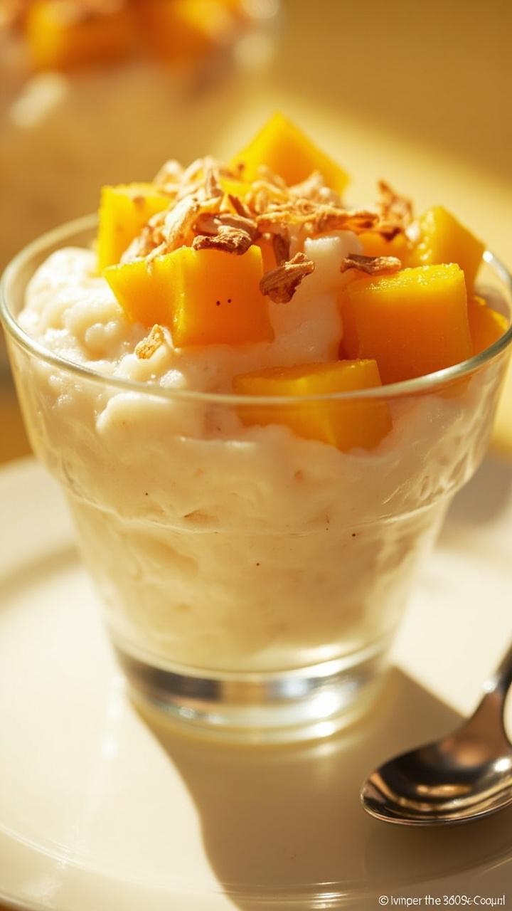 A glass cup filled with creamy coconut rice pudding, topped with mango cubes and toasted coconut flakes. A small spoon rests next to the dish.