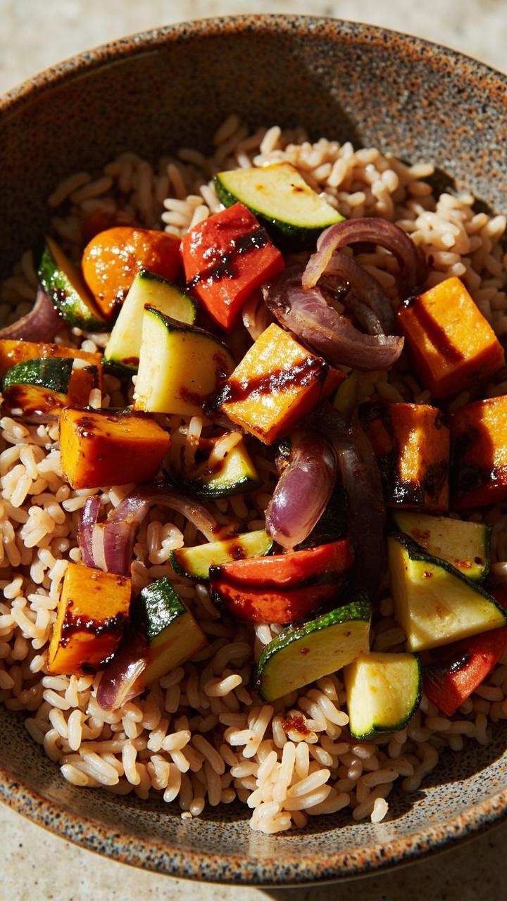 A speckled ceramic dish filled with brown rice topped with roasted chunks of zucchini, red onion, bell pepper, and sweet potato, all glossy and caramelized at the edges, finished with a drizzle of balsamic glaze.