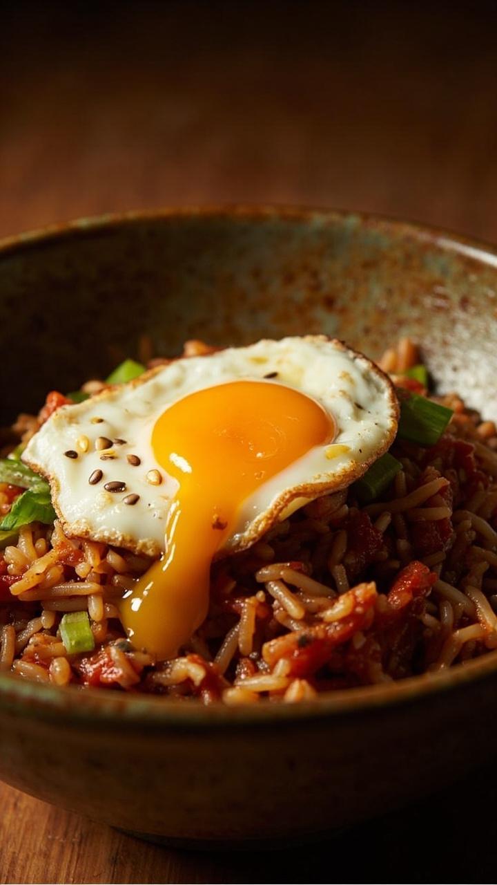 A shallow bowl of dark golden brown rice tossed with kimchi, bits of green onion, and sesame seeds. A fried egg sits on top, with the yolk just beginning to ooze down.
