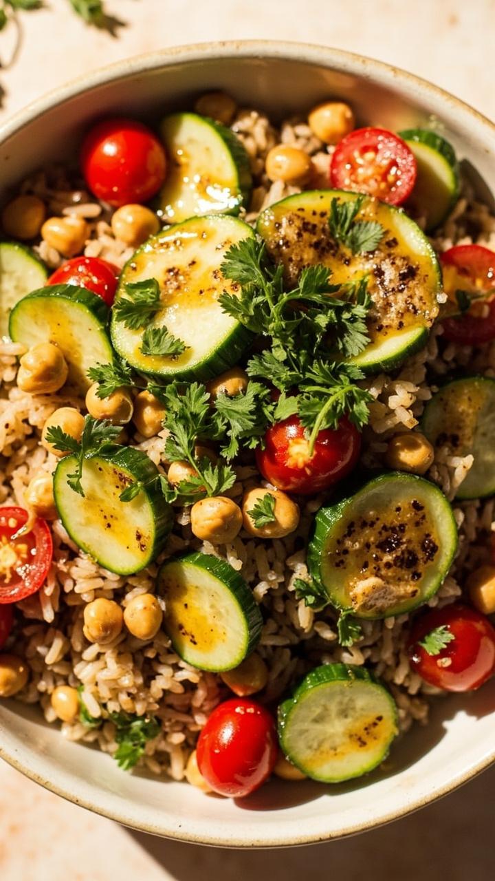A round serving bowl with a layer of brown rice, roasted chickpeas, cucumber coins, cherry tomato halves, and a drizzle of lemon-oregano dressing. Chopped parsley is sprinkled over the top.