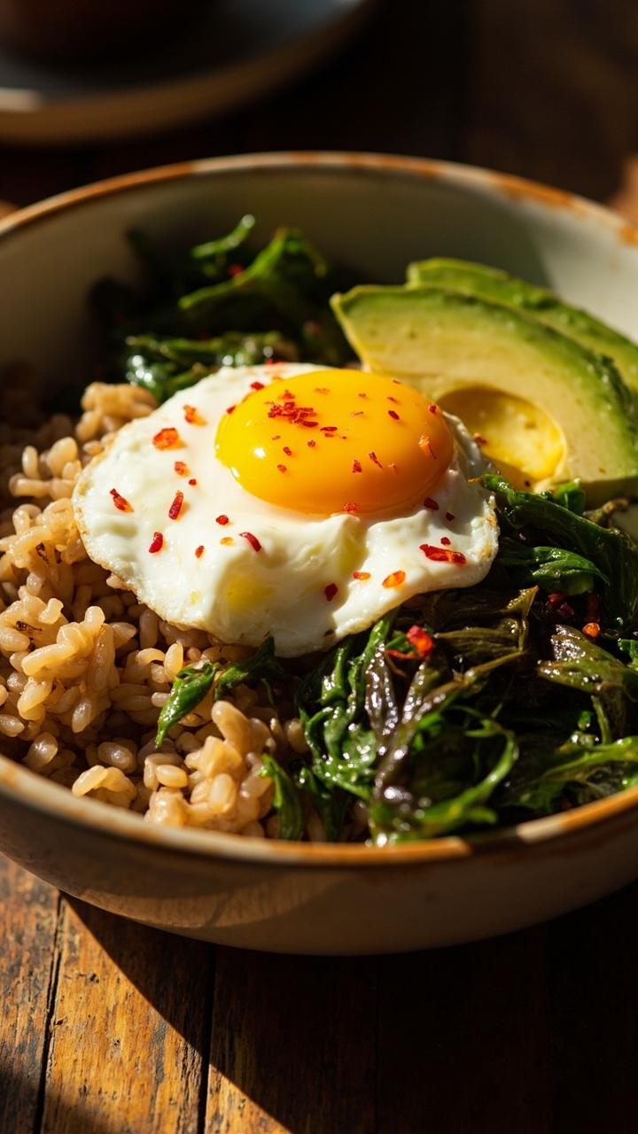 A breakfast bowl with a base of brown rice, topped with a just-set soft-boiled egg, sliced avocado, a few sautéed greens, and a pinch of red pepper flakes.