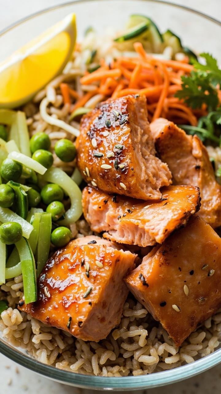 A wide glass bowl with a bed of brown rice, topped with chunks of flaky baked salmon, sliced cucumber, shredded carrots, edamame, and scattered sesame seeds. A lemon wedge is on the rim.