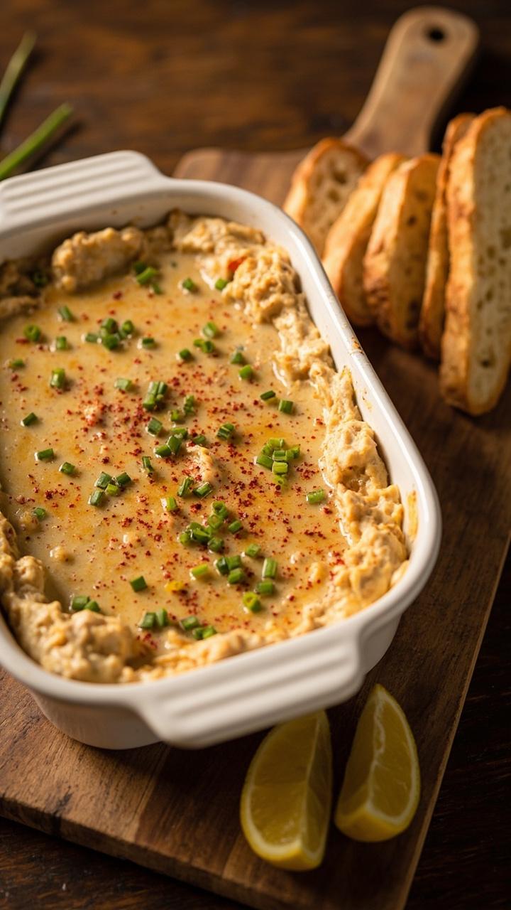 A white ceramic baking dish filled with bubbling, golden-brown lobster dip, topped with chives and flecks of paprika. Next to the dish are slices of toasted baguette and lemon wedges on a rustic wooden board.