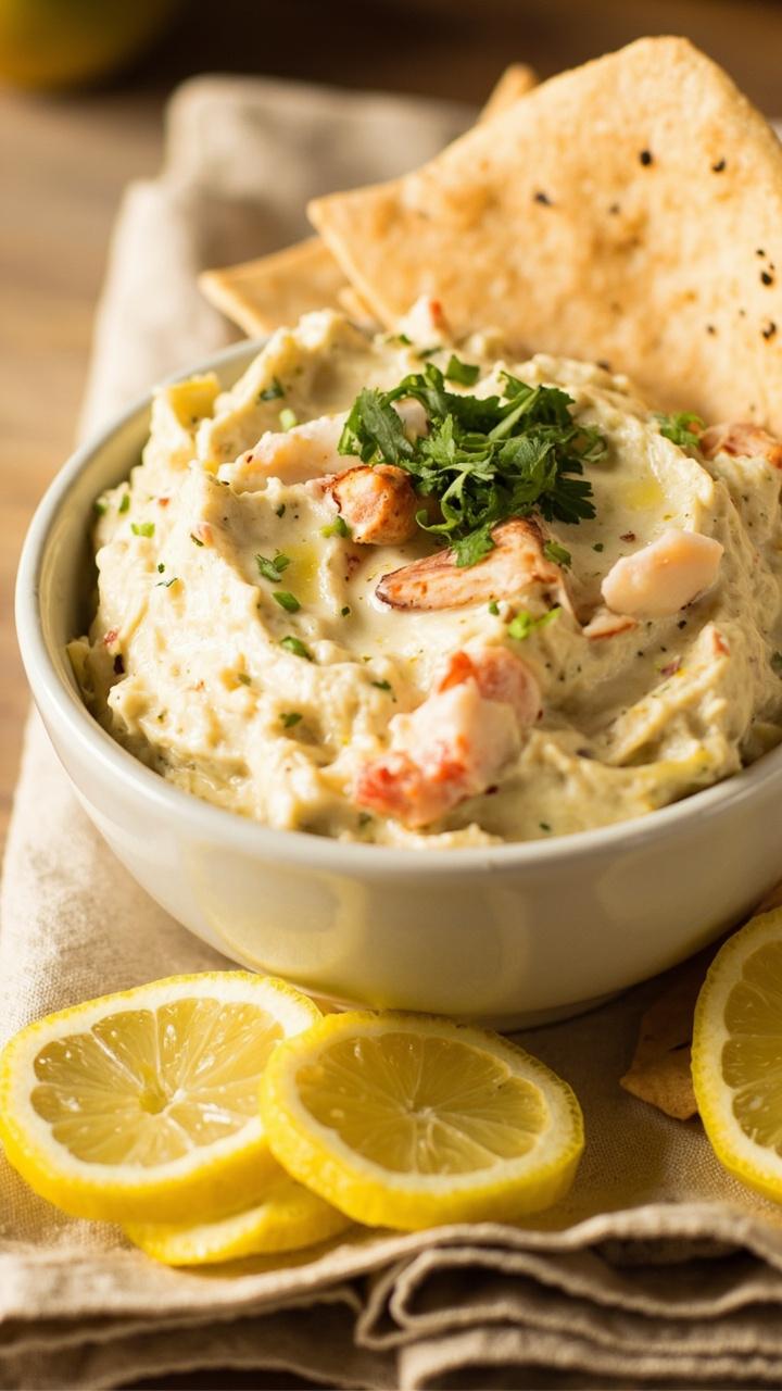 A medium white bowl filled with creamy lobster and artichoke dip, garnished with parsley. Served with pita chips and fresh lemon slices scattered around on a light linen napkin.