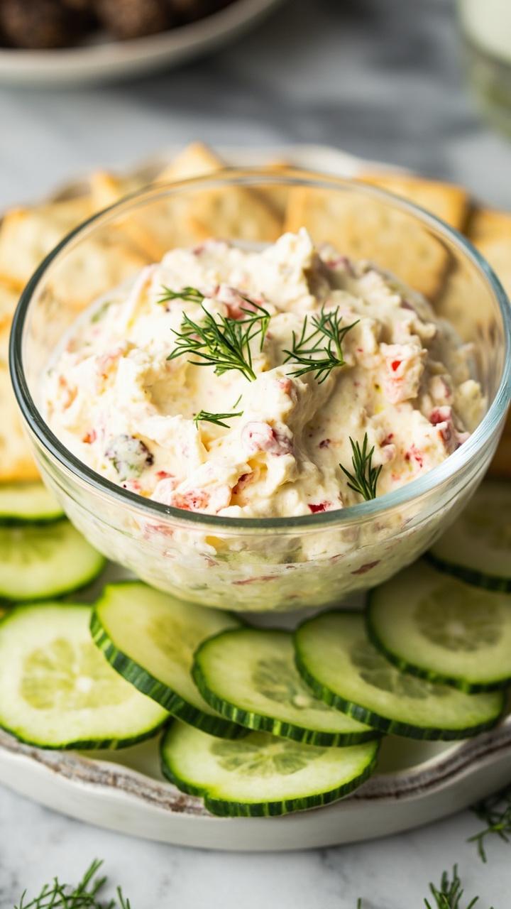 A shallow glass serving bowl filled with creamy, pink-flecked lobster salad dip, dotted with green dill, surrounded by cucumber slices and butter crackers on a marble countertop.