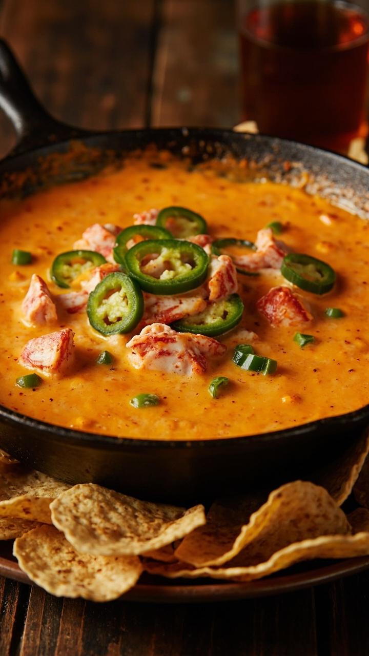 A wide, shallow cast-iron skillet filled with gooey orange queso dotted with chunks of lobster and scattered jalapeno slices. Tortilla chips encircle the skillet on a dark wood table.