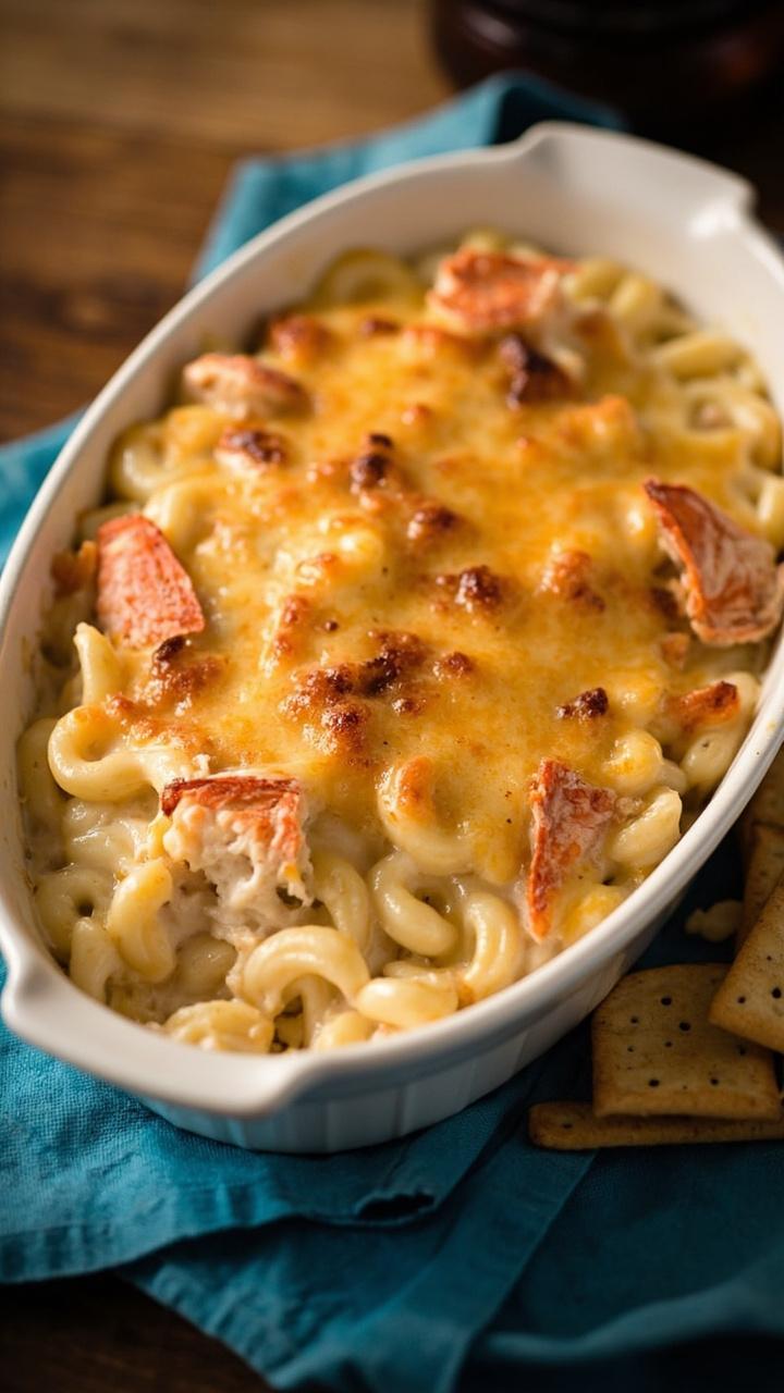 A white oval baking dish filled with creamy macaroni noodles, lobster chunks, and a golden cheese crust, placed on a blue cloth napkin with a handful of crackers beside it.