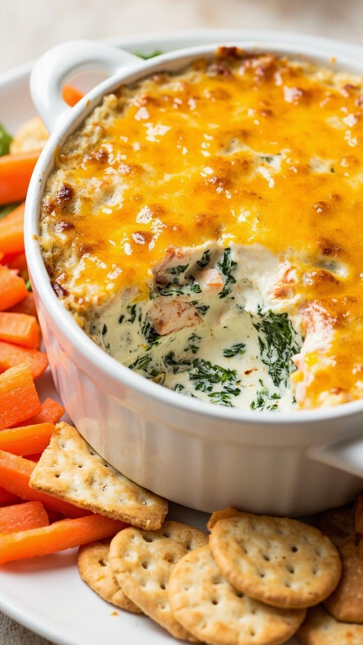 A round white casserole dish filled with thick, creamy spinach and lobster dip, topped with melted cheese. Served with carrot sticks and crackers on a white serving board.