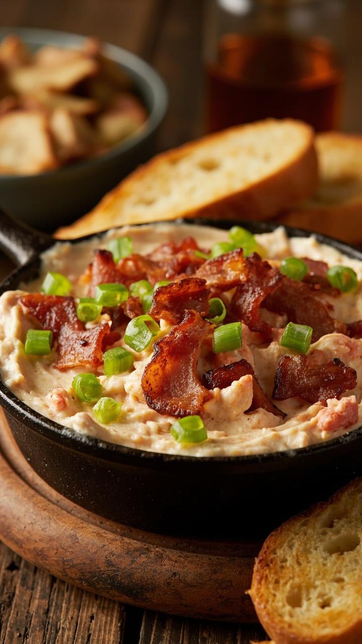A small cast-iron skillet filled with creamy lobster dip, generously sprinkled with crispy bacon pieces and green onions, with toasted baguette slices on a round wooden trivet.