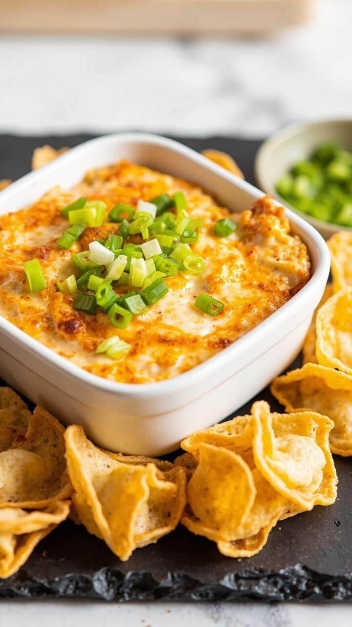 A square white dish of creamy, golden-baked lobster rangoon dip, sprinkled with sliced green onions, with crispy wonton chips arranged alongside on a slate tray.