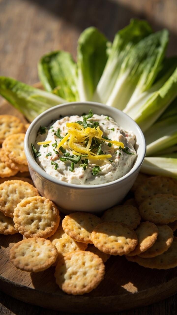 A small oval bowl filled with creamy, white lobster dip flecked with fresh herbs and lemon zest, with crackers and endive leaves fanned out nearby on a rustic wooden board.