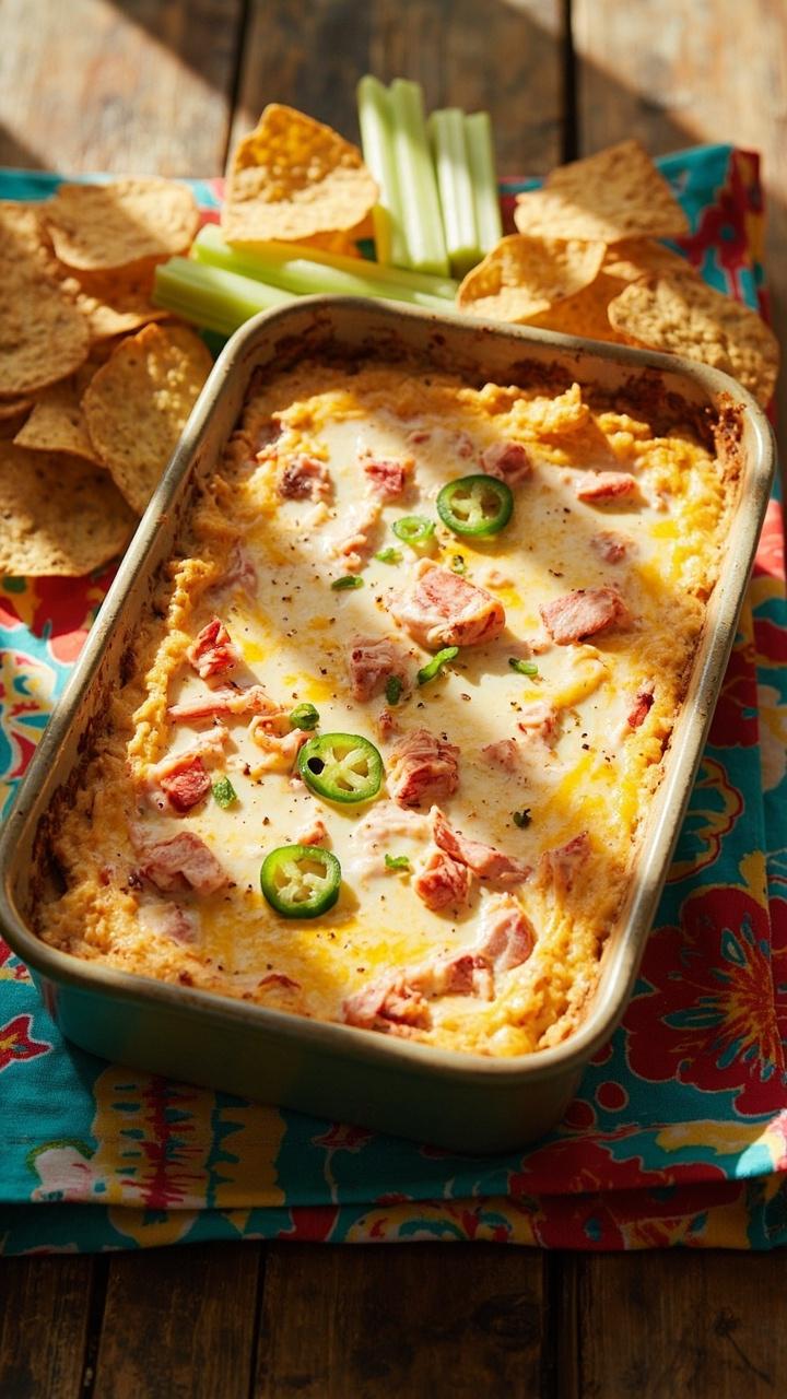 A rectangular baking dish with golden-bubbly dip, studded with red bits of lobster and green flecks of jalapeno, served with tortilla chips and celery sticks on a colorful patterned towel.