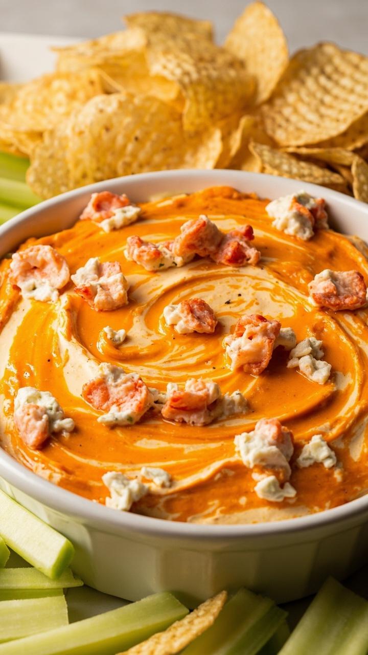 A medium round baking dish with fiery orange dip, streaks of blue cheese, and chunks of lobster, surrounded by celery sticks and thick-cut potato chips on a white tray.