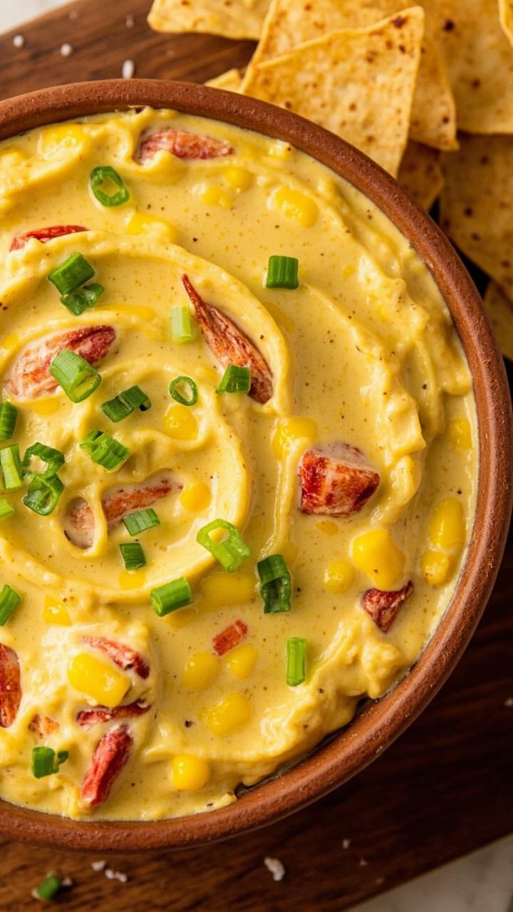 A round clay bowl of creamy, yellow corn and lobster dip, studded with bright red lobster pieces and green onions, with tortilla chips in a pile on the side of a teak serving board.