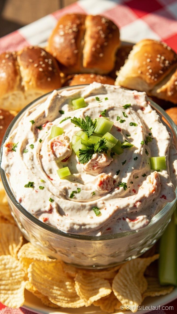 A chilled glass bowl brimming with creamy lobster dip, dotted with chopped celery and parsley, flanked by soft split-top slider buns and kettle-cooked chips on a striped picnic cloth.