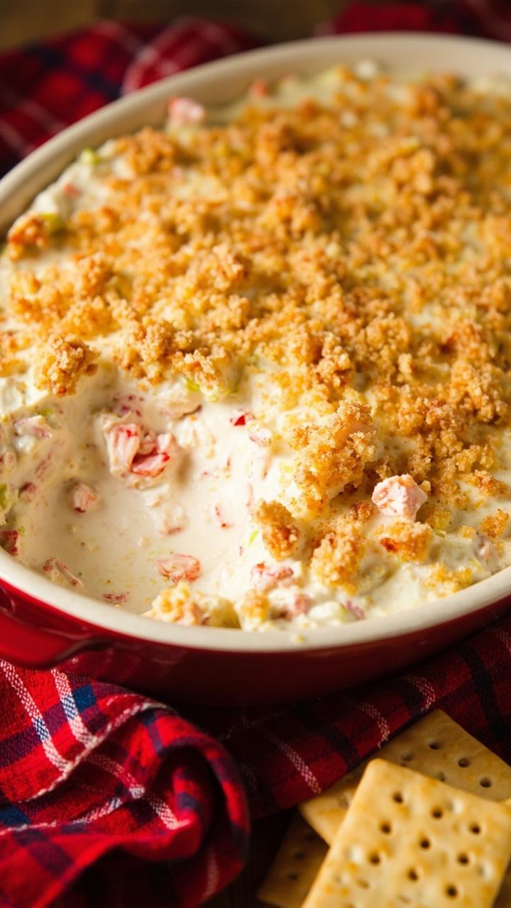 A round baking dish of creamy lobster dip with a golden Ritz cracker crumb topping, set on a red checked cloth alongside extra crackers for dipping.