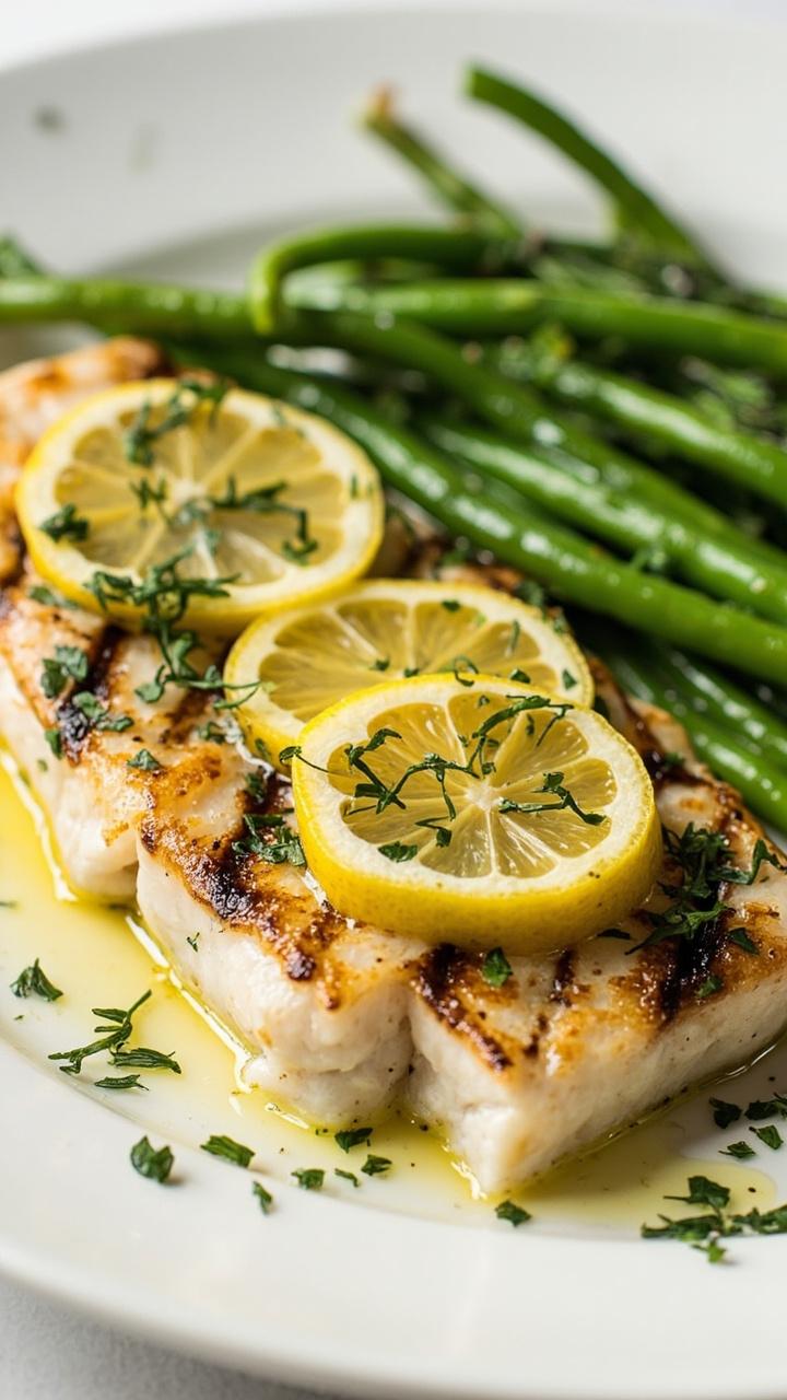 Char-grilled cod fillets resting on a white platter, glistening with olive oil and scattered with finely chopped parsley and dill, thin lemon slices draped over the top, served alongside fresh green beans.
