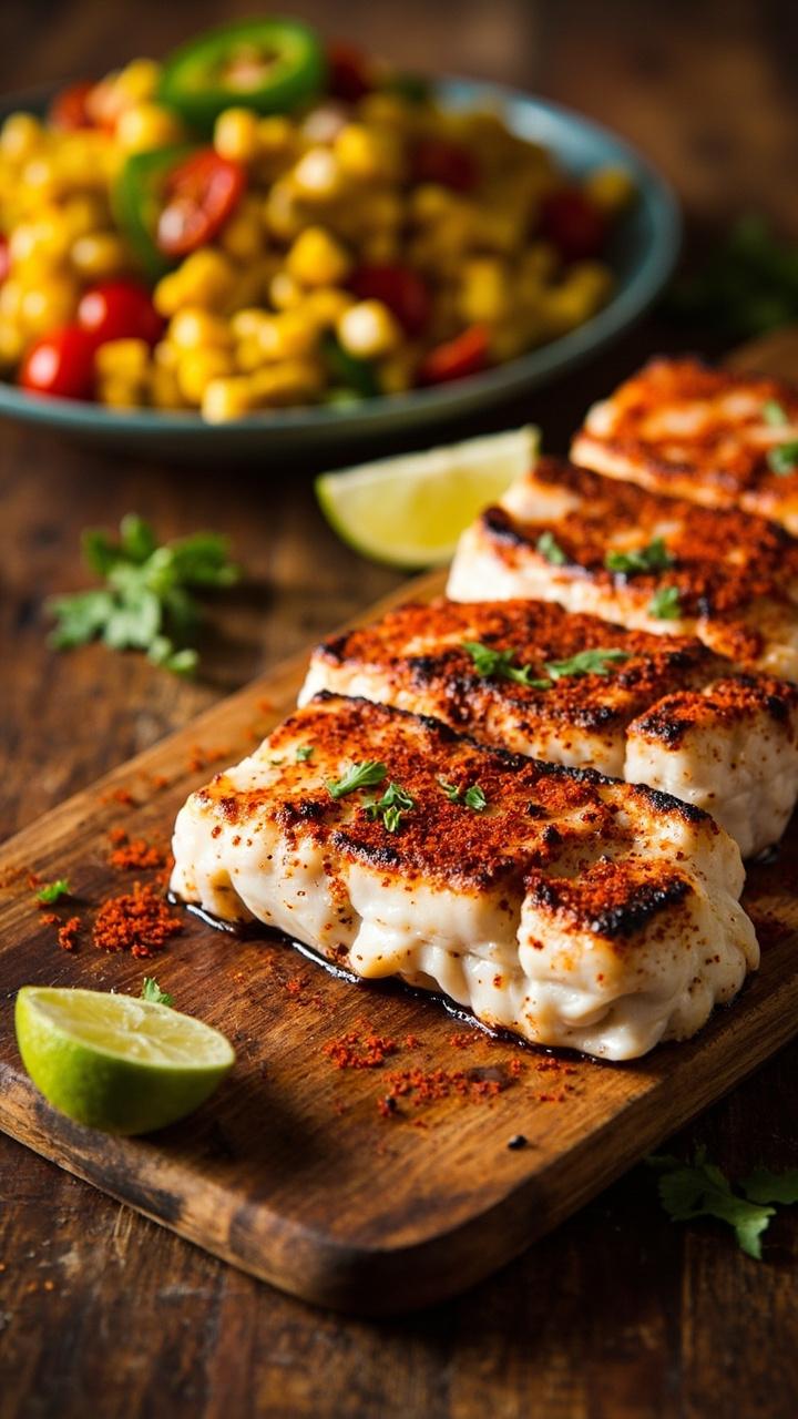 Vibrant grilled cod fillets flecked with red Cajun seasoning on a rustic wooden board, a wedge of lime on the side, and a tossed corn salad in the background.